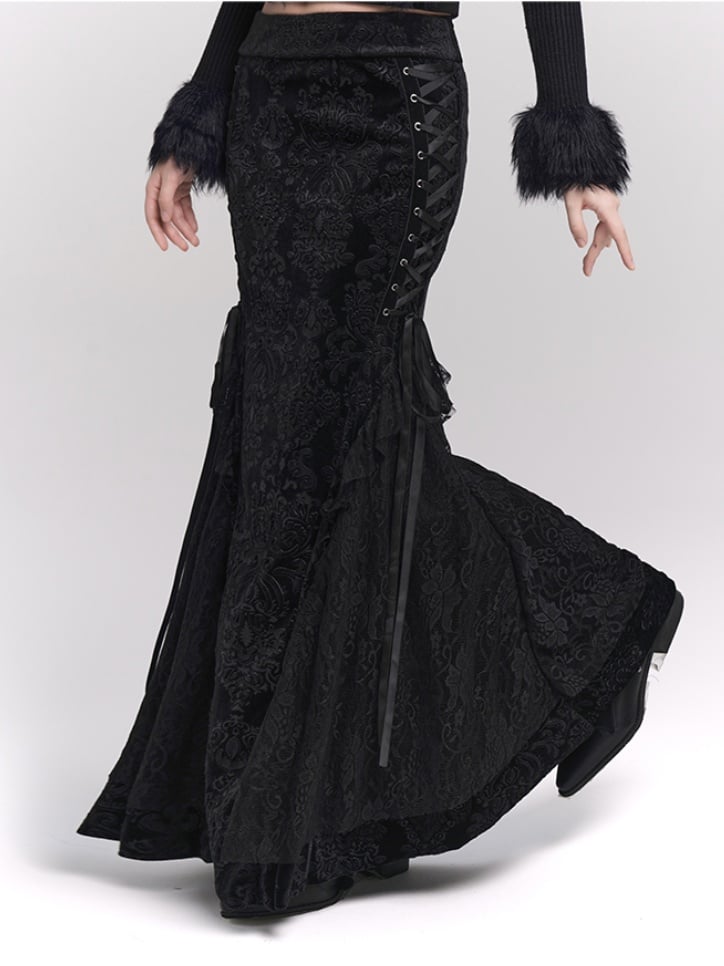 Schwarzer Meerjungfrauenrock aus Samt mit Schnürdetail an der Seite