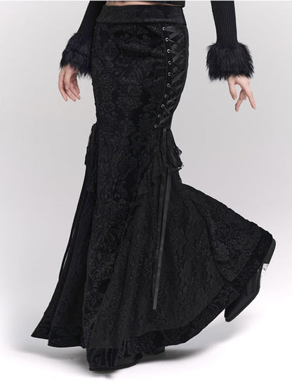 Schwarzer Meerjungfrauenrock aus Samt mit Schnürdetail an der Seite