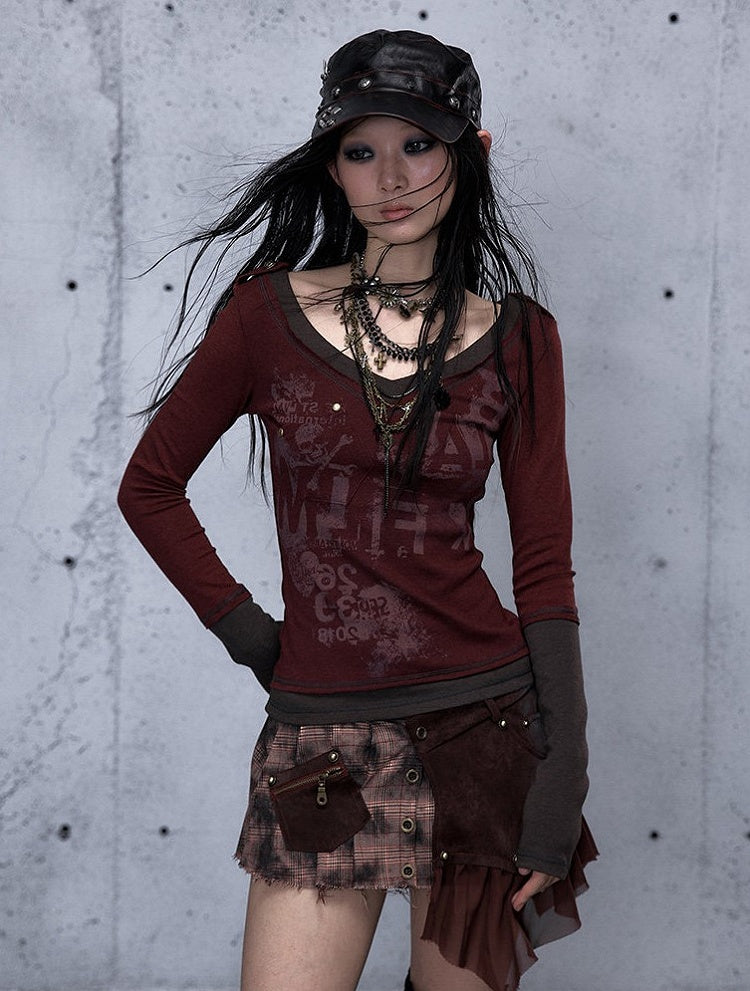 Top Patchwork Design Long Red Rock Sleeve Punk Wine Print with Letter
