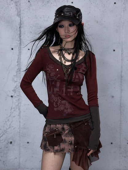 Top Patchwork Design Long Red Rock Sleeve Punk Wine Print with Letter