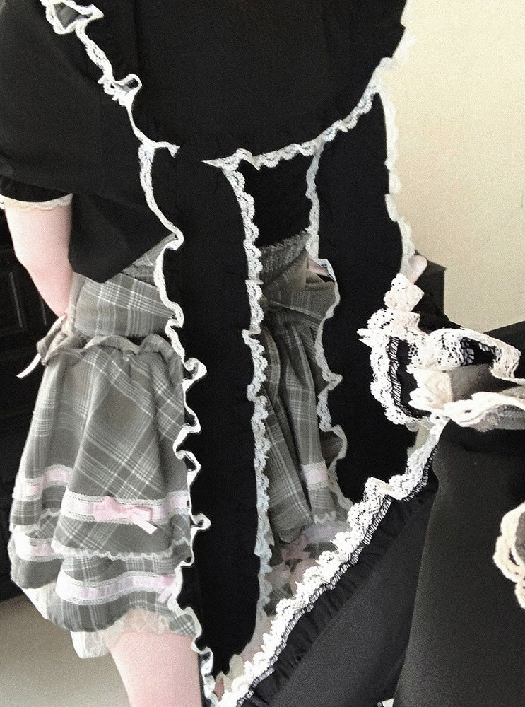 Black/White Bunny Ear Peter Pan Collar Blouse with Lace - Kitty Bxllet