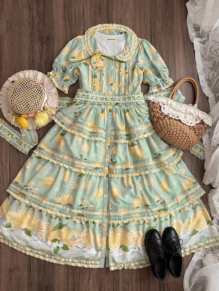 Button Lemon Print Short Skirt Placket Lolita Sleeves Tiered and Front Dress Green Chick