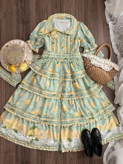 Button Lemon Print Short Skirt Placket Lolita Sleeves Tiered and Front Dress Green Chick