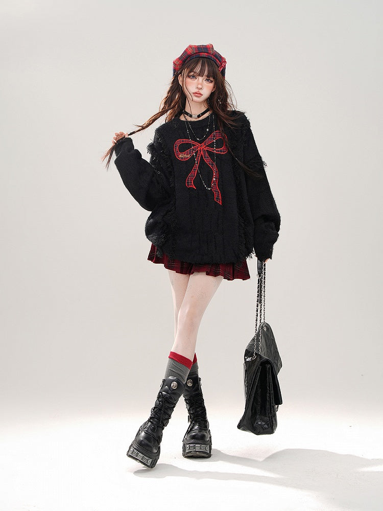 Bittersweet Kawaii Black Distressed Sweater with Red Plaid Bow Embroidery