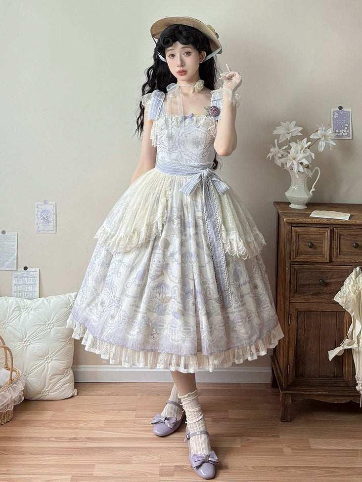 ロリータ フローラルバスケット クラシックジャンパープリントドレス 花とスカート パープル