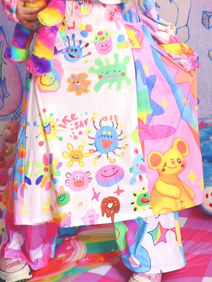 漫画プリントのカラフルなAラインの伸縮性ウエストスカート Y2K