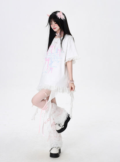 Bowknots Print Loose with Cascading Ruffle Accents Bittersweet T-Shirt White