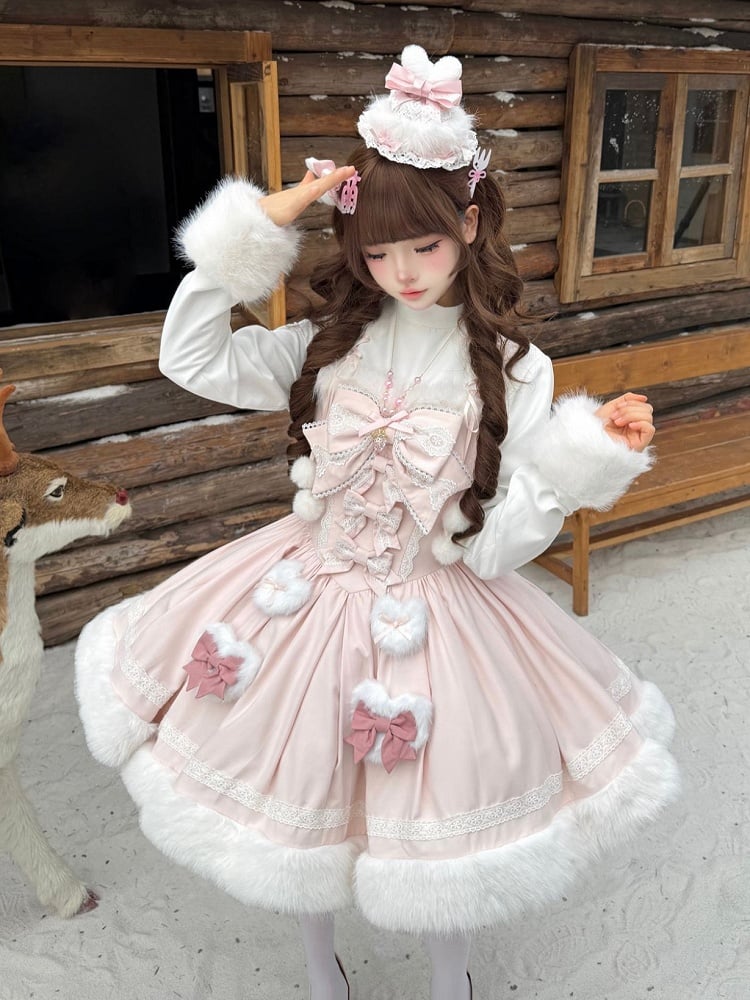 Fake OP Cuffs Winter Long Pink with and Hemline Lolita Sleeves Dress Sweet Two-pieces Plush