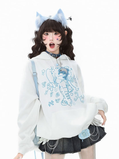 Cartoon Green/White/Blue Star Pocket Girl Daily Pattern and - Kawaii Convenient Hoodie