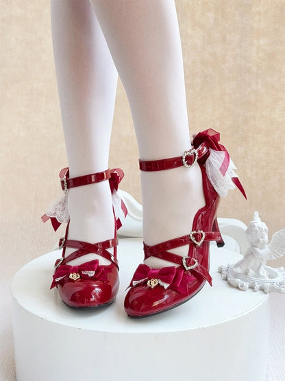 Wine Red Strawberry Embroidered 9cm Heels with Bow - Cheese Mango