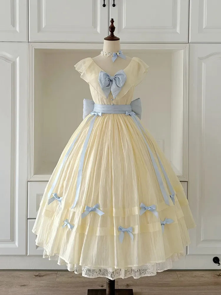 Lolita V-neck Blue Belle with Yellow Princess Detachable Dress Bows