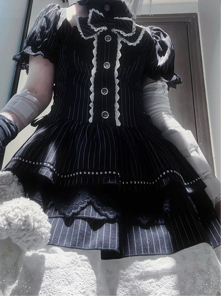 Gothic Batwing Sleeve Lace-up Dress Collar with Waist Stripes Puff Black