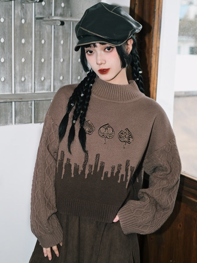 Leaf Sweater with Cheongsam Goth Brown Design Neck Mock Embroidery