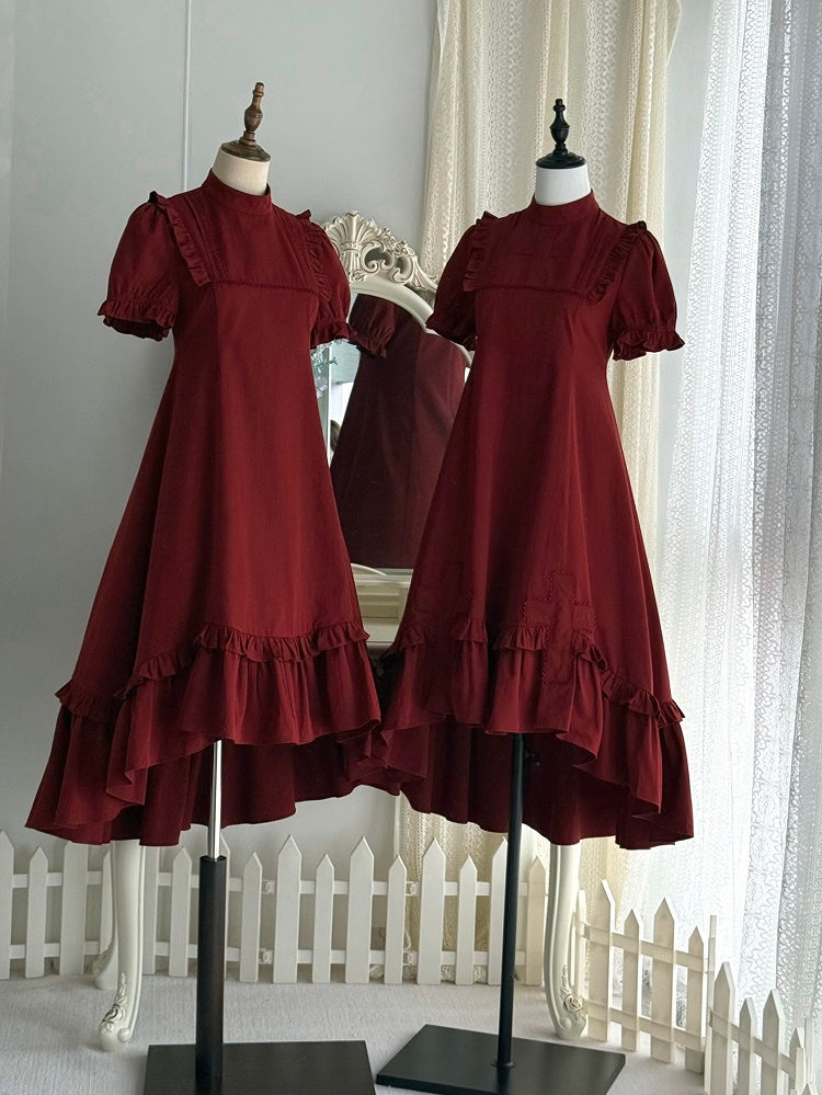 Red Gothic Lolita High-Low Ruffled Dress with Cross Patches - Blossom Herald