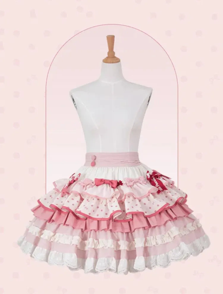 ロリータ スイート ピンク 水玉模様 ボウスカート フリル アクセント ティアード柄