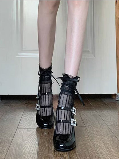 Semi-sheer Striped Ruffled Ankle Socks with Bow - Xi Shang Mei Shao