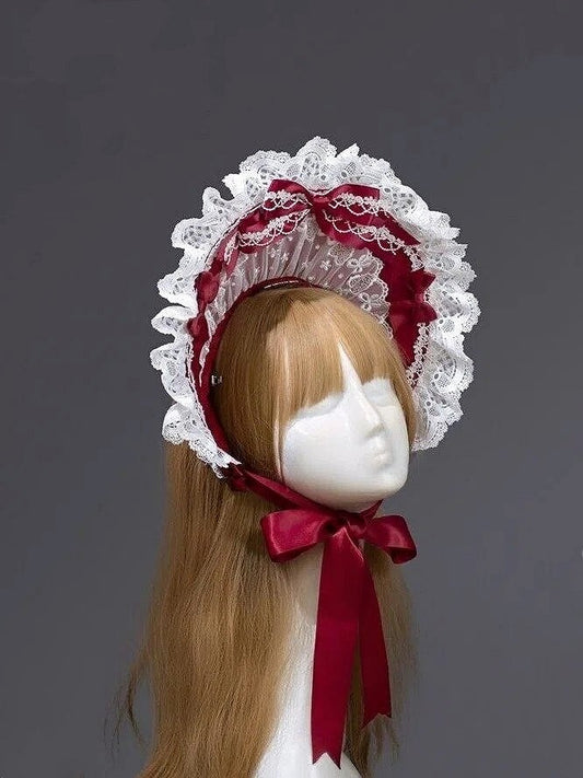 with Red Lace and Wine Lolita Accents Sweet Trim Bonnet Bow