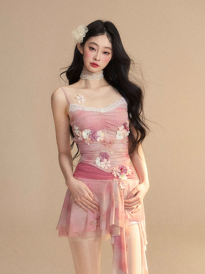 Top/Cherry Blossom Print Asymmetrical Hem Shorts Pink Cherry Blossom Embellished Cami