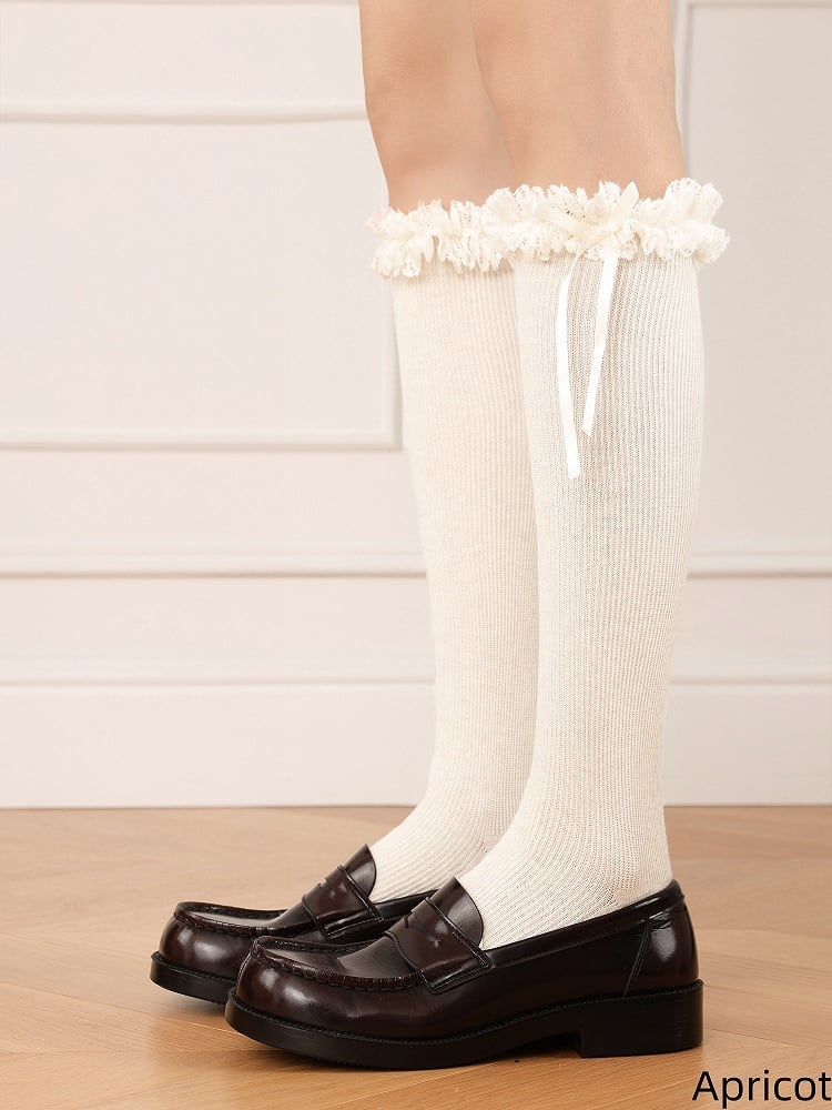 Lace with Pattern Lolita Trim 35CM Colors Striped Decoration Vertical Calf Socks 4 Bow