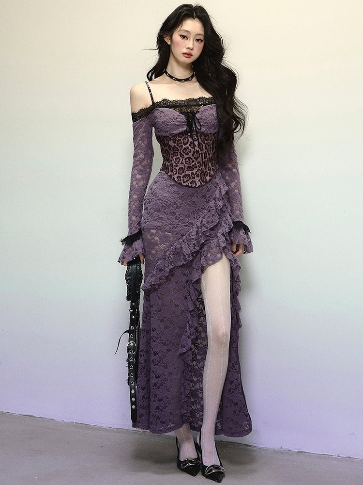 Purple Leopard Corset Bodice High Slit Flounce Hem Mermaid Skirt Off Shoulder Lace Dress Evening Gown