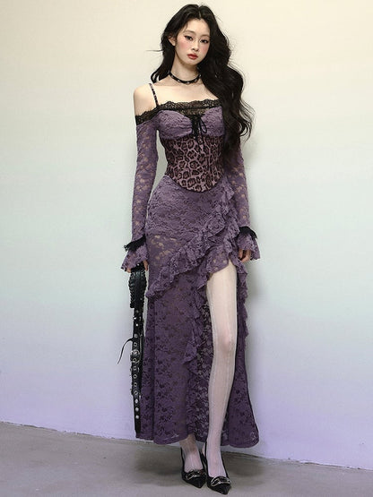 Purple Leopard Corset Bodice High Slit Flounce Hem Mermaid Skirt Off Shoulder Lace Dress Evening Gown