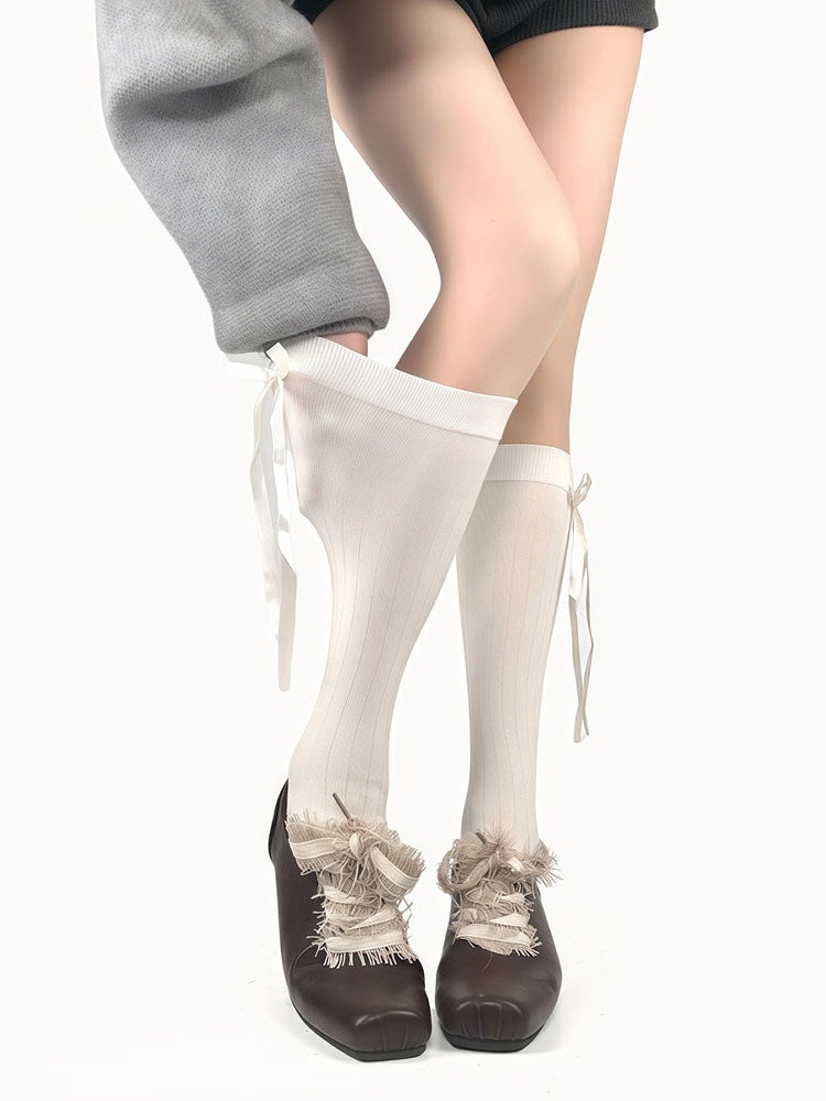 Calf Bowknot Ribbon Pattern Colors 3 Striped Socks Vertical