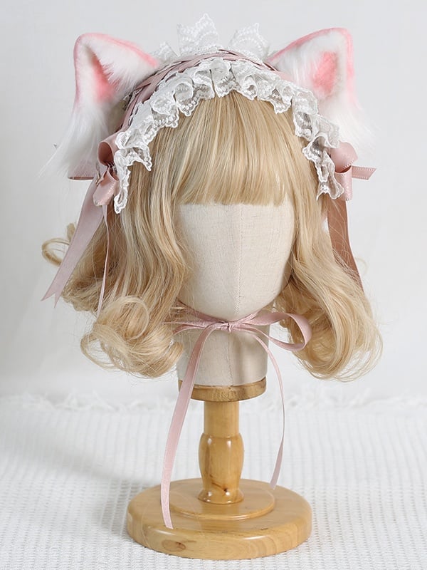 5 Lolita Hairband Bowknot Ears Pink With Cat Detachable Cute Lace Colors