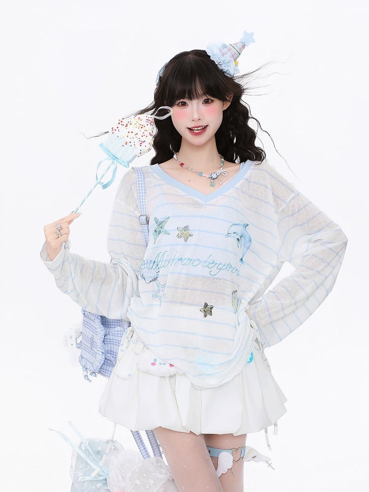 Print with Semi-Sheer Striped White Top Long-Sleeve Oceanic