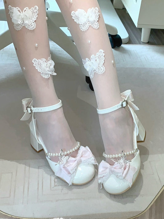 Chain Lolita Bow Shoes Detachable Sweet White Bead Jane Mary Accents and