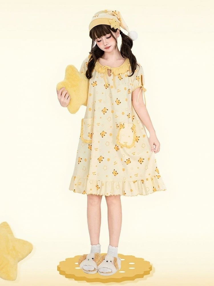 Yellow Mango Print Peter Pan Dress - Tan Tuan