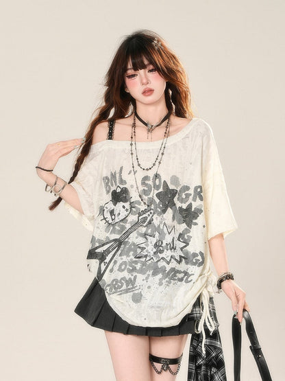 Lace Top Drawstring Graffiti Waist Apricot Print Asymmetrical Neckline