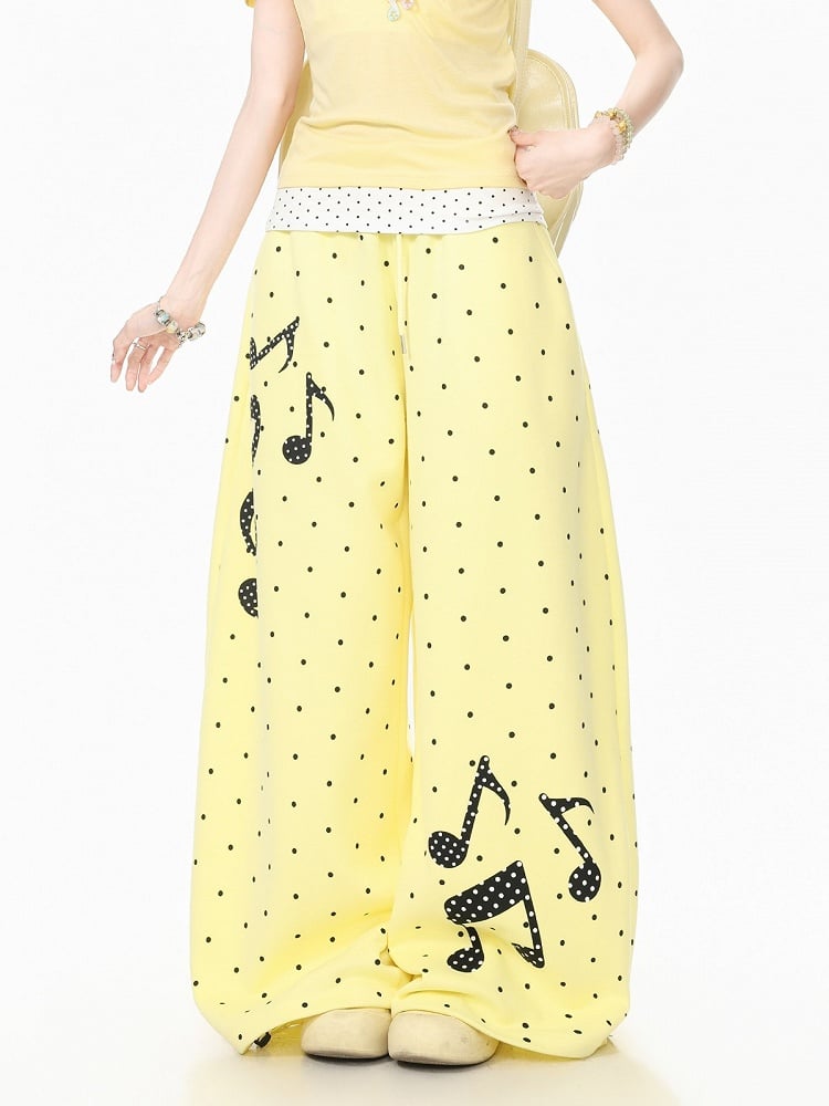 Yellow Polka-Dot Wide-Leg Pants with Music Notes - Languid Park