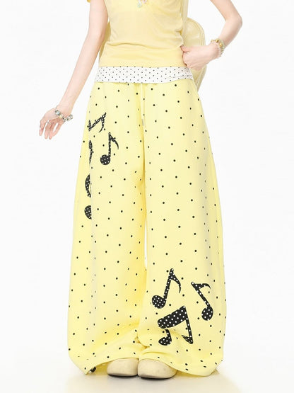 Yellow Polka-Dot Wide-Leg Pants with Music Notes - Languid Park