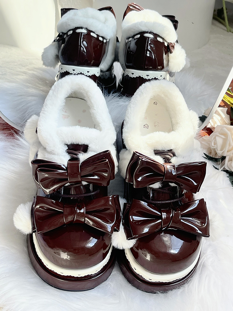 Lolita Coffee Cute Heart Bow Platform Shoes with Pompons