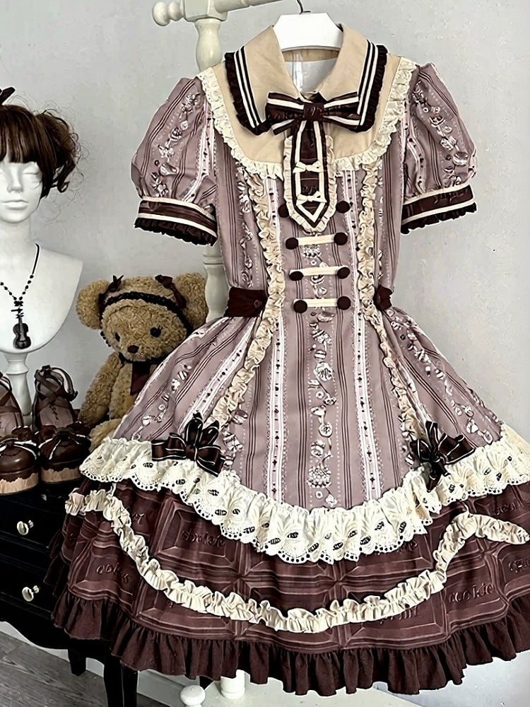 Chocolate Short Sleeve Lolita OP Dress with Lace - Lineall Cat