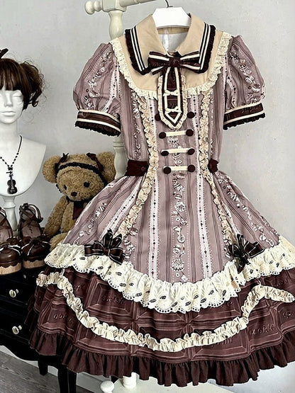 Chocolate Short Sleeve Lolita OP Dress with Lace - Lineall Cat