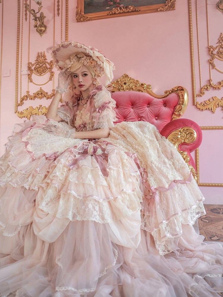 Hime Bowknot Pink Dress Piece One Lolita Hanayome Gorgeous Floral Beige and Corset