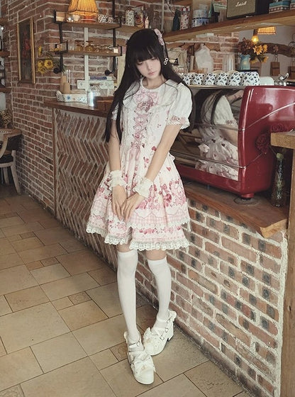 Pink Bunny and Cherry Print Short-Sleeve OP Dress with Matching Skirt - Doki Cherry