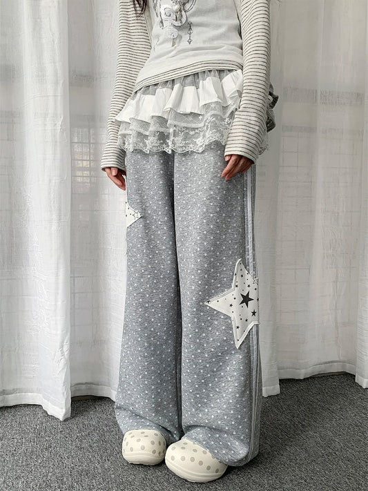 Lace-trimmed Pants Accessory  Polka-dot Grey Star Straight-leg Patchwork with