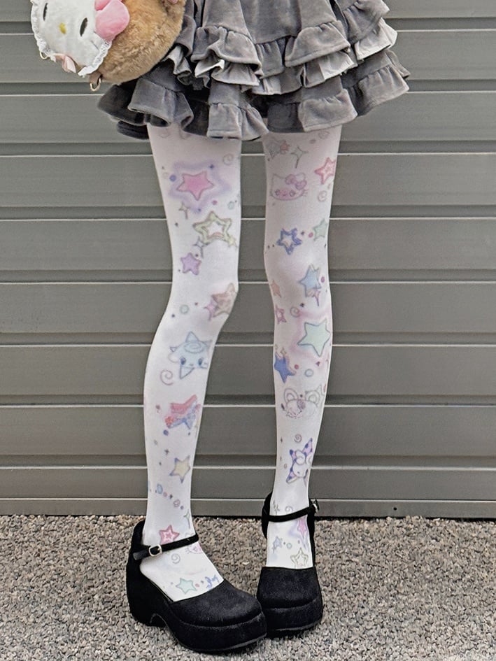 White Sweet Star Print Tights - Kawaii Cute Legwear