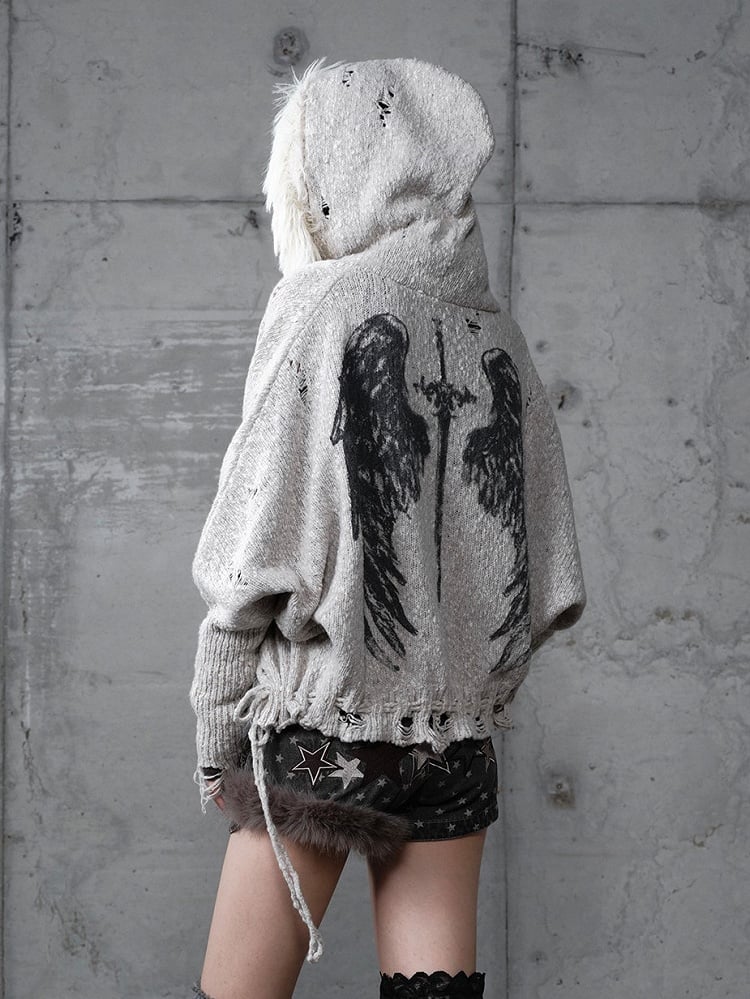 Trim Light Punk Cardigan Wing Faux Grey Fur Print Y2K Batwing with Sleeve