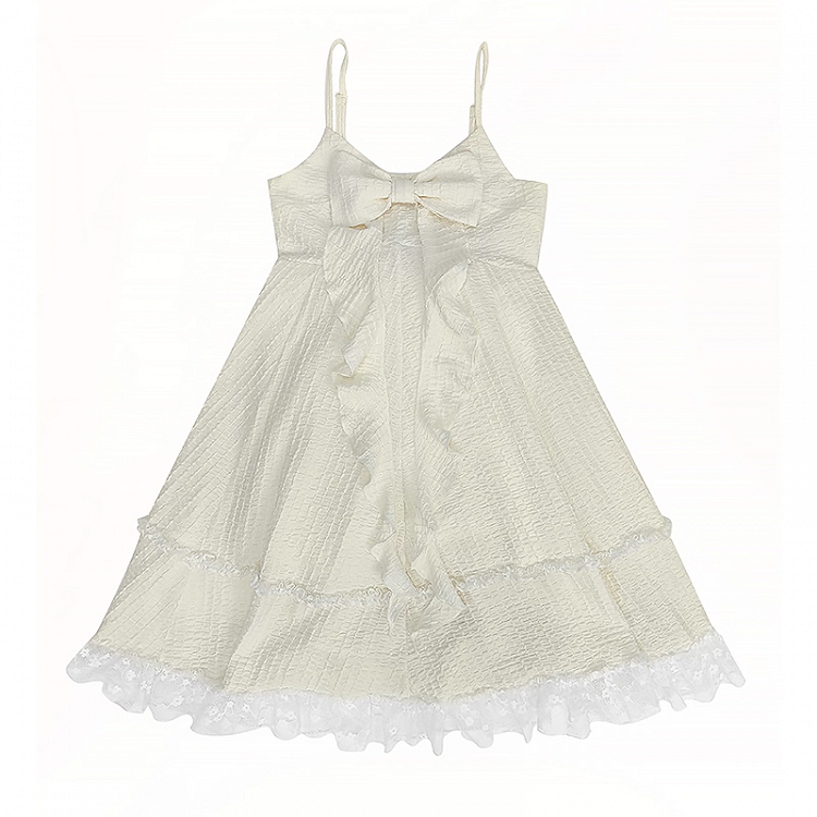 Big Bow Neckline Lace Skirt Apricot Cami Dress Trim Bubble