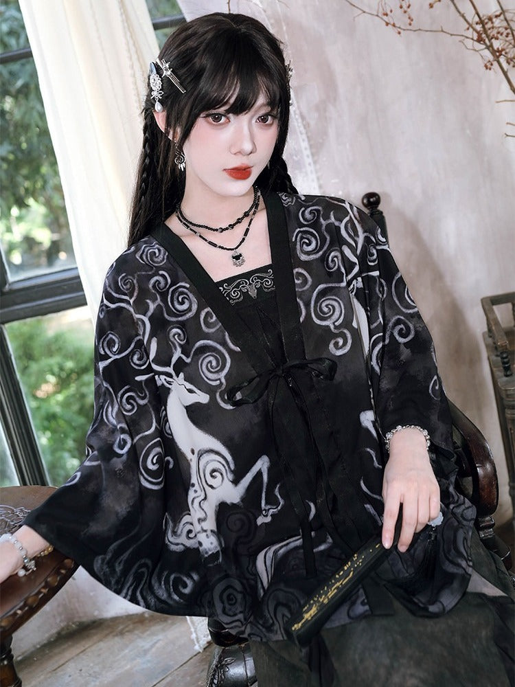 Chinese Gothic Black Cami Top with Deer Embroidery - Quirky Hut