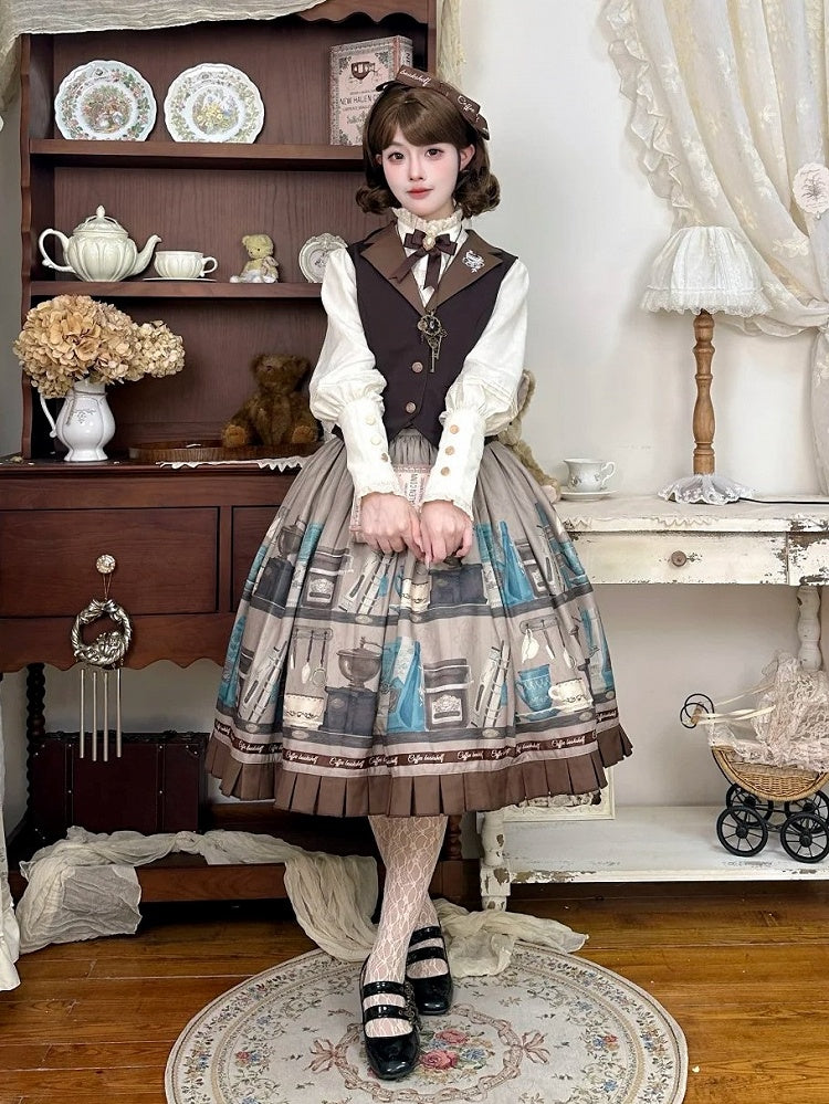 Gray Brown Coffee Cup Bookshelf Print Elegant Skirt Ruffled Hem - Dream Whale
