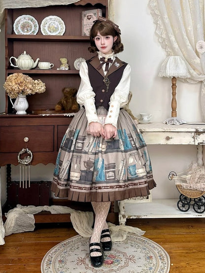Gray Brown Coffee Cup Bookshelf Print Elegant Skirt Ruffled Hem - Dream Whale
