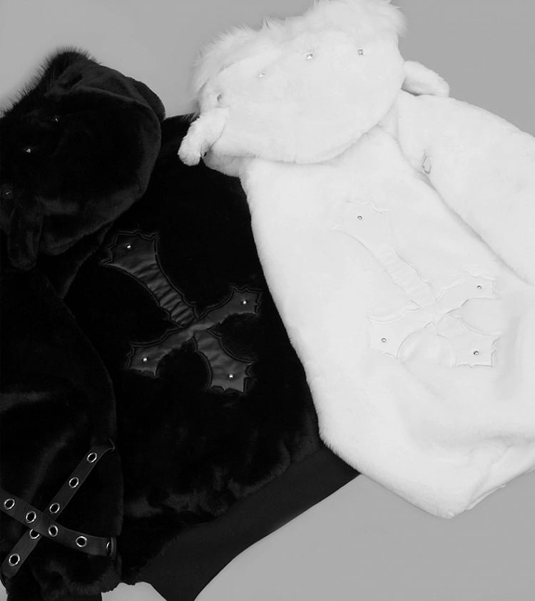 Jirai Kei White / Black Plush Lamb Ear Hooded Coat with Crossed Eyelet Straps and Back Cross Applique