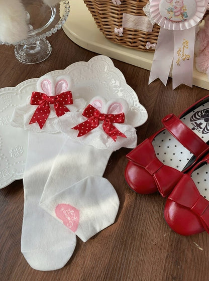 Bunny and Pink Ears with Lolita Bows Polka-dot Socks Calf Butterfly
