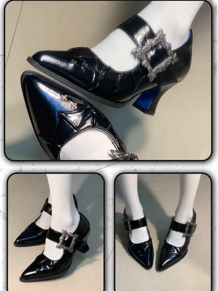 Polished Black 6.5CM Pointed Toe Heels with Bat Wing and Square Buckle Gothic Accents - NRose