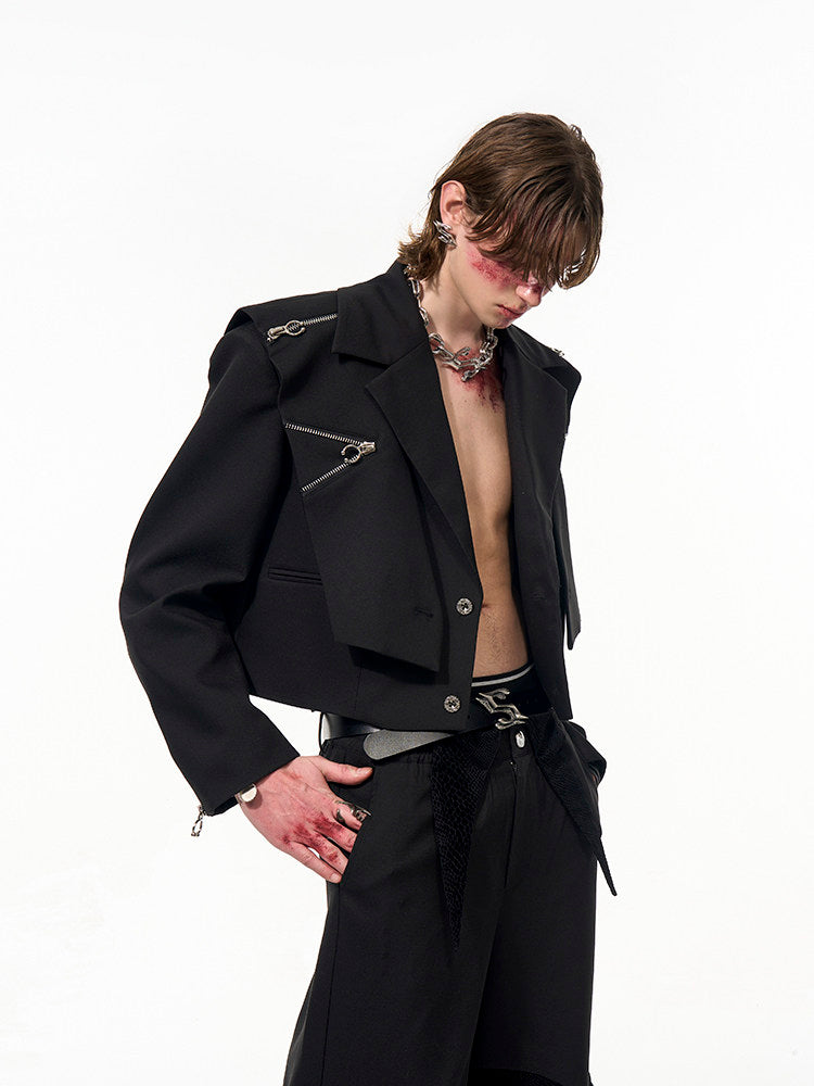 Two-piece Notched with Black Detachable Cape， Details Shoulder Unisex Zip Short Collar Jacket