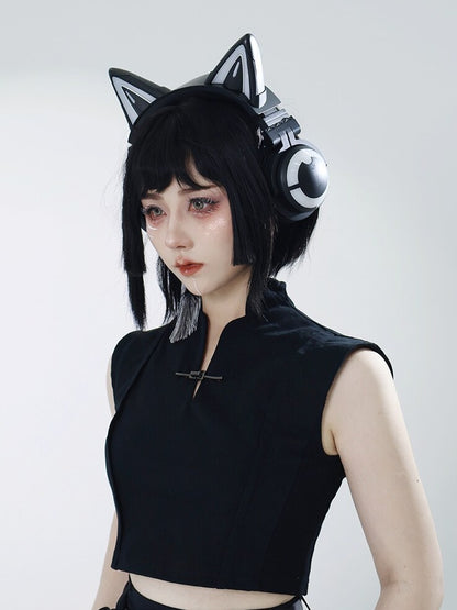Black Cotton Sleeveless Top with Metal Frog Closure - Feng Hua Gui Guo Ling